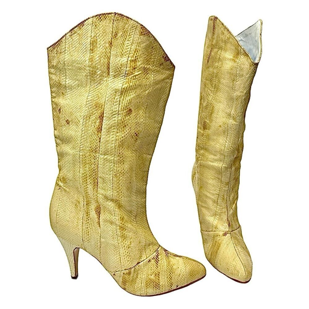 Wild Pair Women’s Beige Snakeskin Leather Mid-Calf Boots Size 7B Cone Heel - Picture 8 of 10